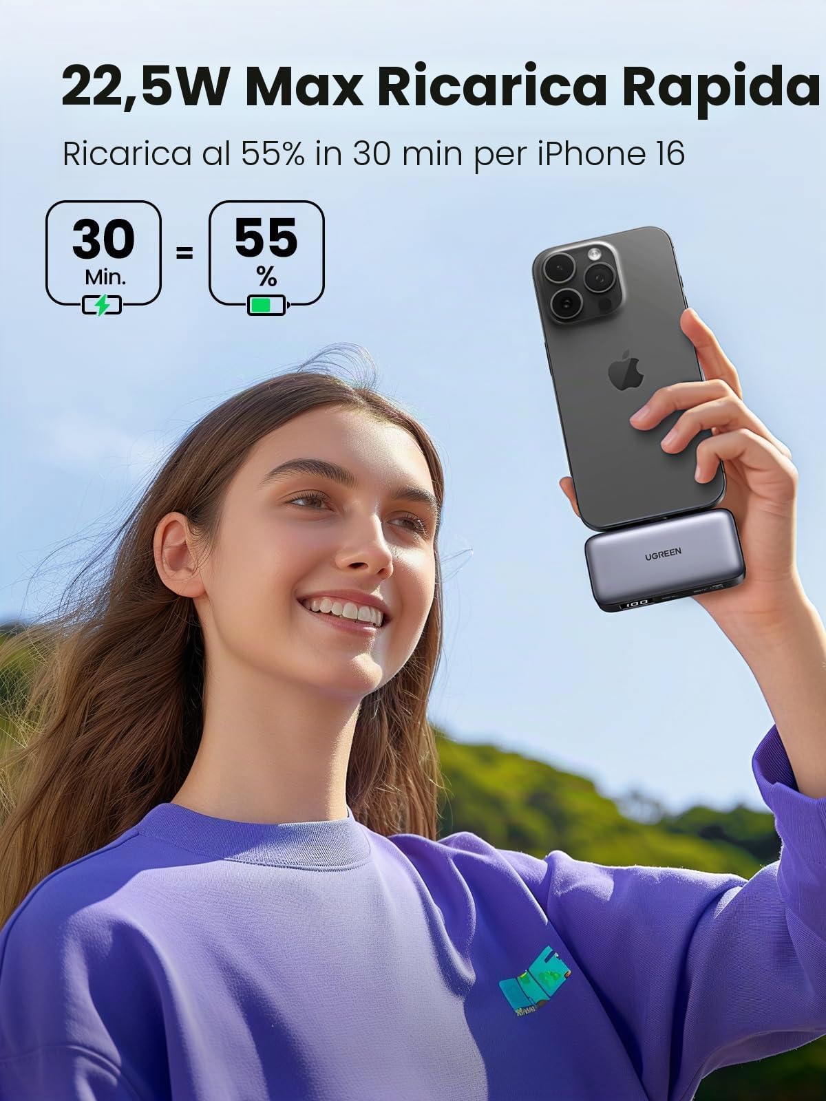 UGREEN Power Bank USB-C 22,5W Ricarica Rapida Supporto LED Compatibile iPhone 15 iPad Pro Galaxy Pixel