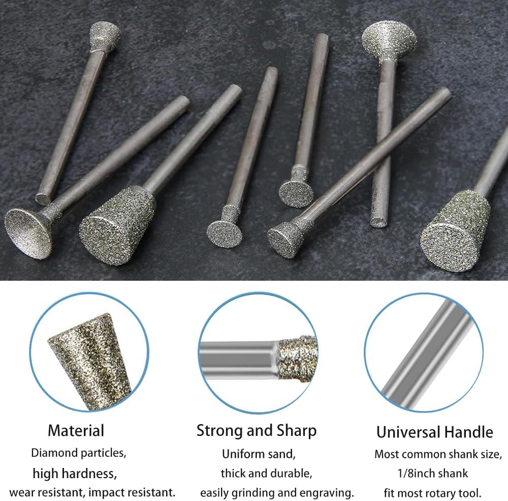 Stone Carving Set Diamond Burr Bits Compatible with Dremel, Rotary Tools Accessories Polishing Kits with 1/8 inch Shank for Carving, Engraving, Grinding, Stone, Rocks, Ceramics, Jewelry, Glass
