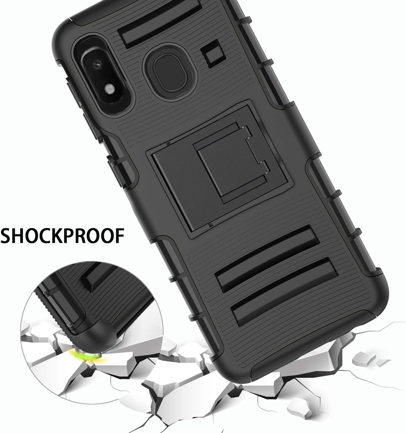 IRUNME Samsung Galaxy A10e case,Galaxy A20e Case with [2packs] [Tempered Glass Screen Protector], Belt Clip [Built-in Kickstand] for Men/Women(Black)