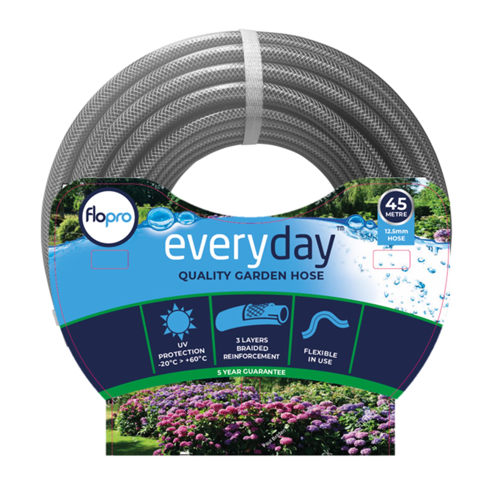 Flopro - EVERYDAY garden hose pipe ø 12,5mm (1/2") 45m: 3 layer braided reinforced hose. Flexible in use, general purpose & durable hose pipe. UV resistant & weather proof - 10 year guarantee