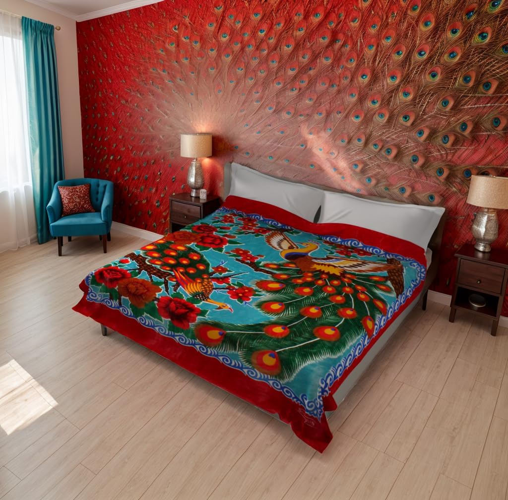 Solaron King Peacock Korean Mink Blanket - Red Border