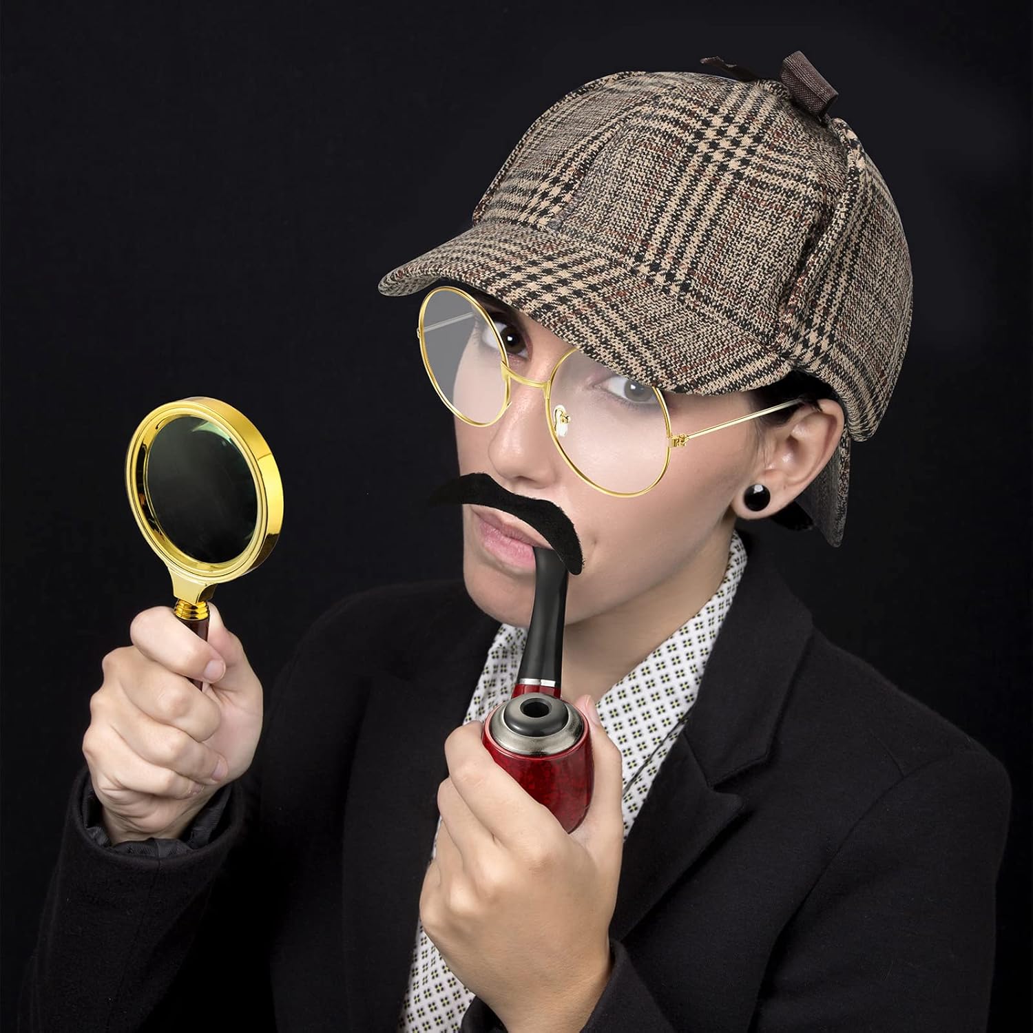 Miniatura 7 de 6 Pcs Detective Costume Accessories Set Detective Hat Magnifying Glass Bow Tie Fake Mustache Glasses