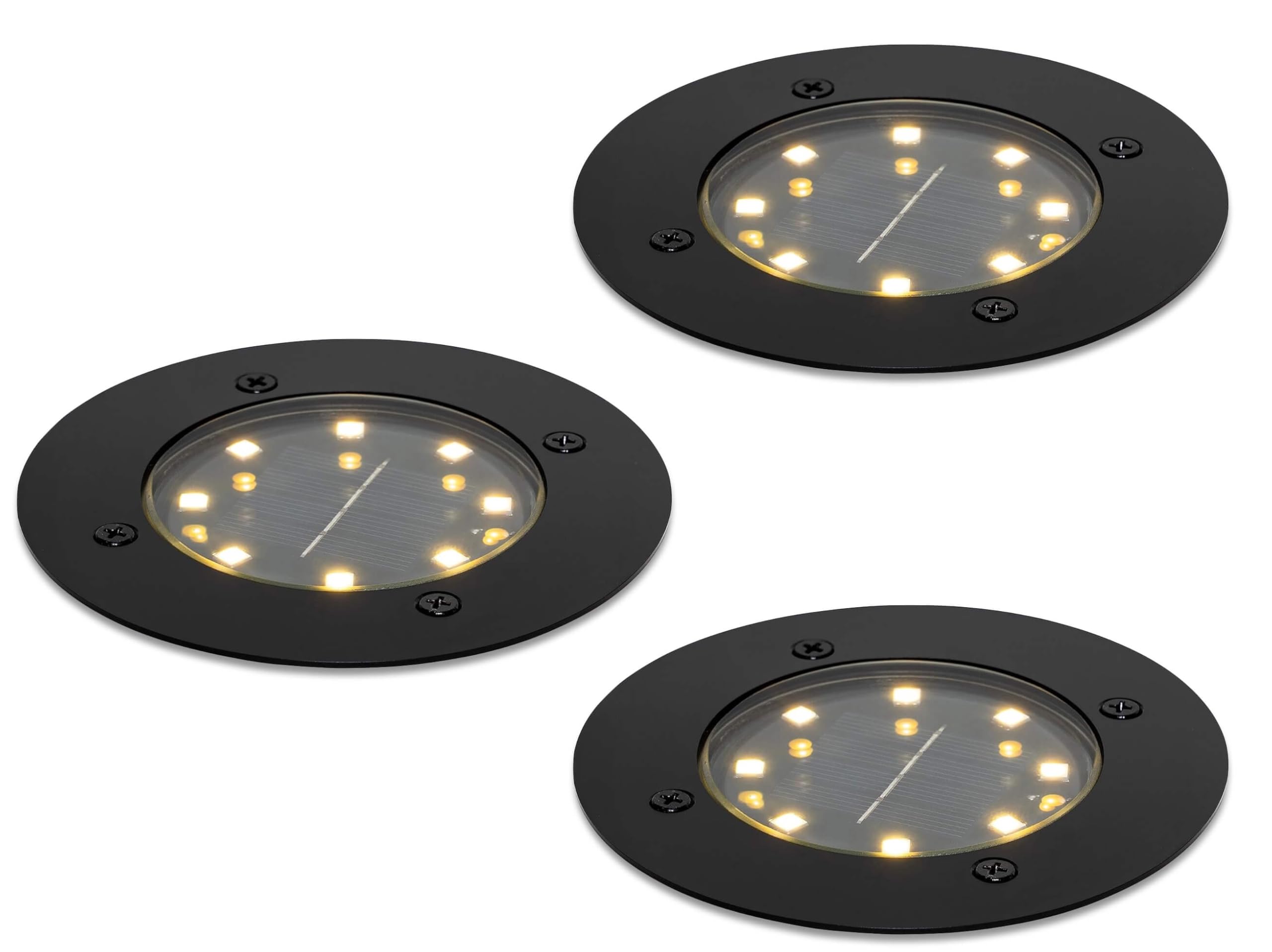 lambado 3er Set LED Solar Bodenleuchten Außen Schwarz matt | Hochwertige Bodenstrahler Wetterfest IP65 Ø12cm | Bodeneinbaustrahler mit 8 SMD LEDs Warmweiß 3000K