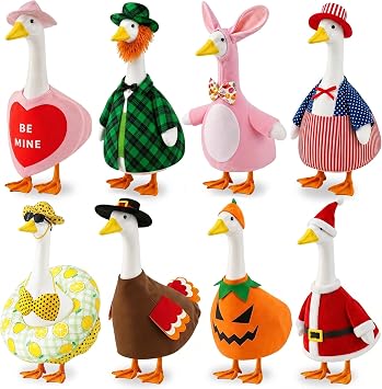 8 Set Holiday Porch Goose Outfits 23 inch All Seasons Goose Clothes for Valentine St. Patrick Easter Summer 4th of July Fall Halloween Christmas, Lawn Porch Gooses Clothing for Patio Yard Decor