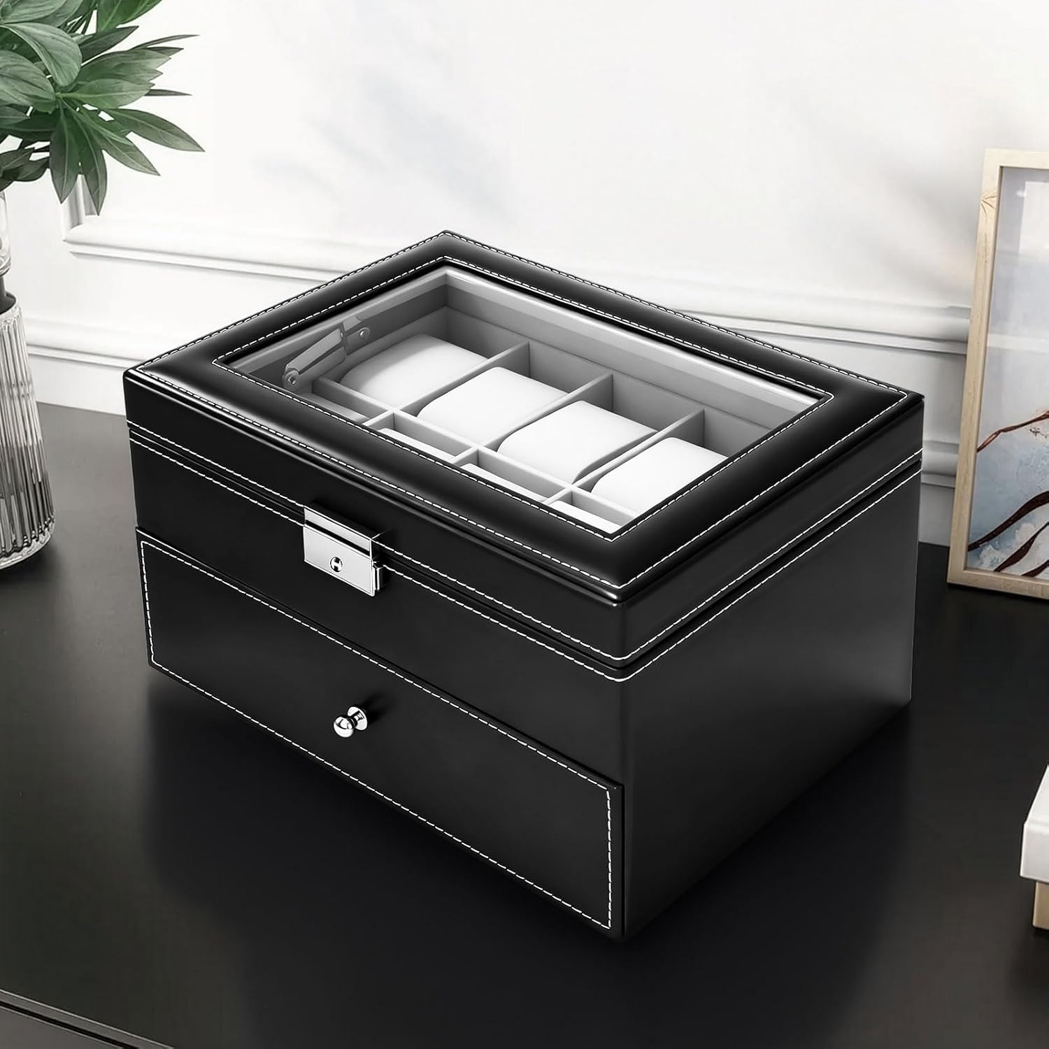 Caja de Relojes con Dos Capas, Estuche Relojero Organizador, Tapa de Cristal, PU Negro