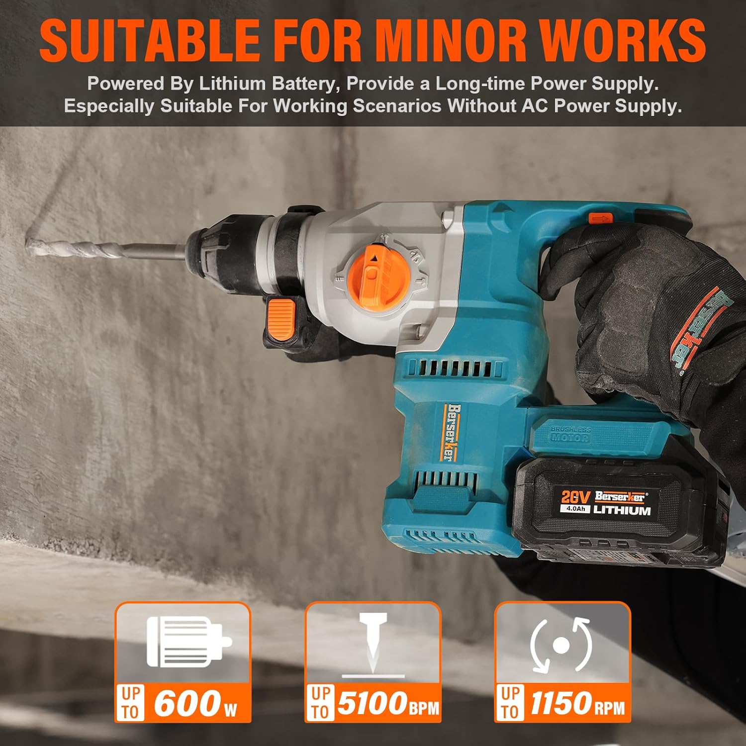 Berserker 20V Battery Rotary Hammer Drill with 2 * 4.0Ah Lithium-Ion Battery and Super Fast Charger