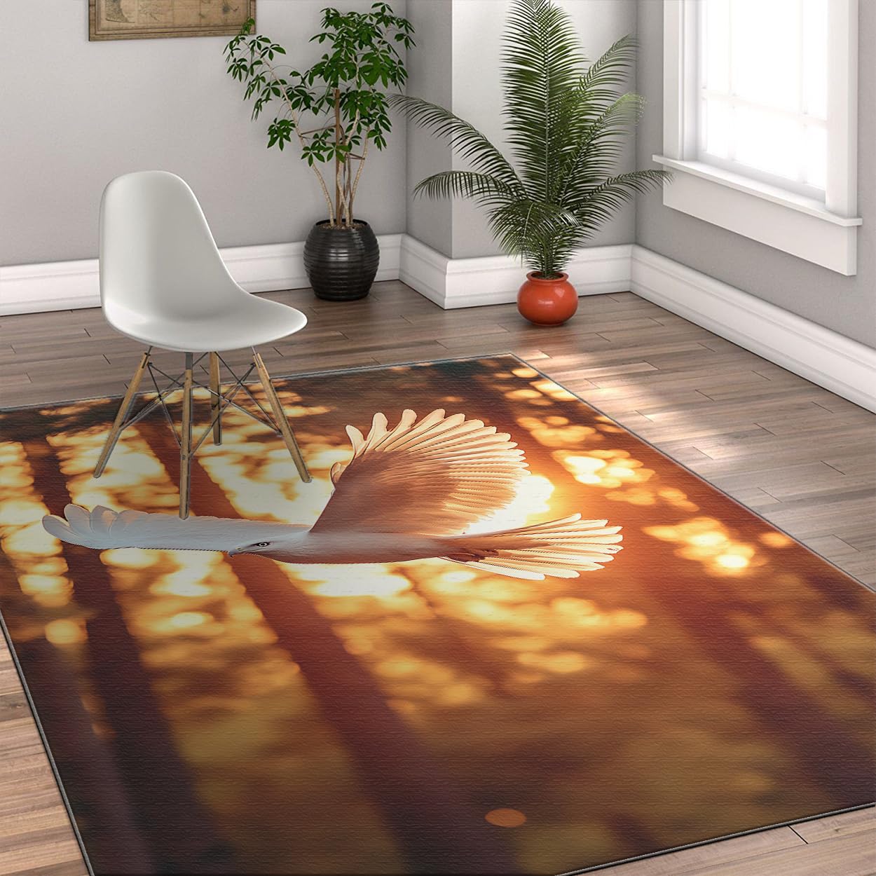 Tapis Nature Romantique esthétique Colombe Blanche Coucher Soleil doré Jungle Paysage Lavable Tapis Poil Ras intérieur carpette 70x120cm