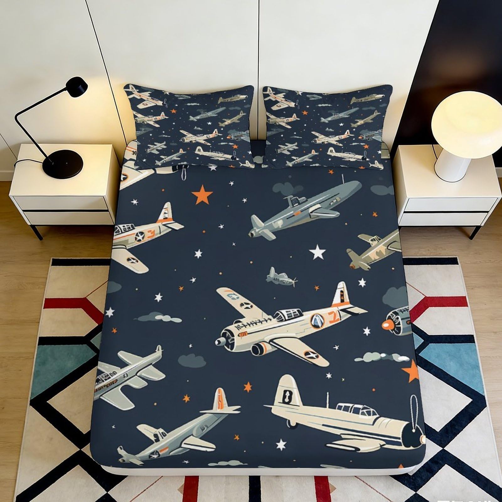 3D Printed Airplane Pattern Fitted Sheet Microfiber Soft Breathable Vintage Aircraft Bed Cover for Bedroom Dormitory Guest Room Mattress Protection 120x200x25cm