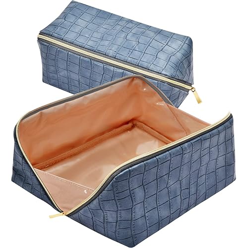 Portable Makeup Bag Opens Flat for Easy Access,Waterproof Large Cosmetic Bag Toiletry Bag,Travel Accessories Case Organizer Overnight Bag for Cosmetics,Toiletries,Daily Use (Blue Square, Medium)