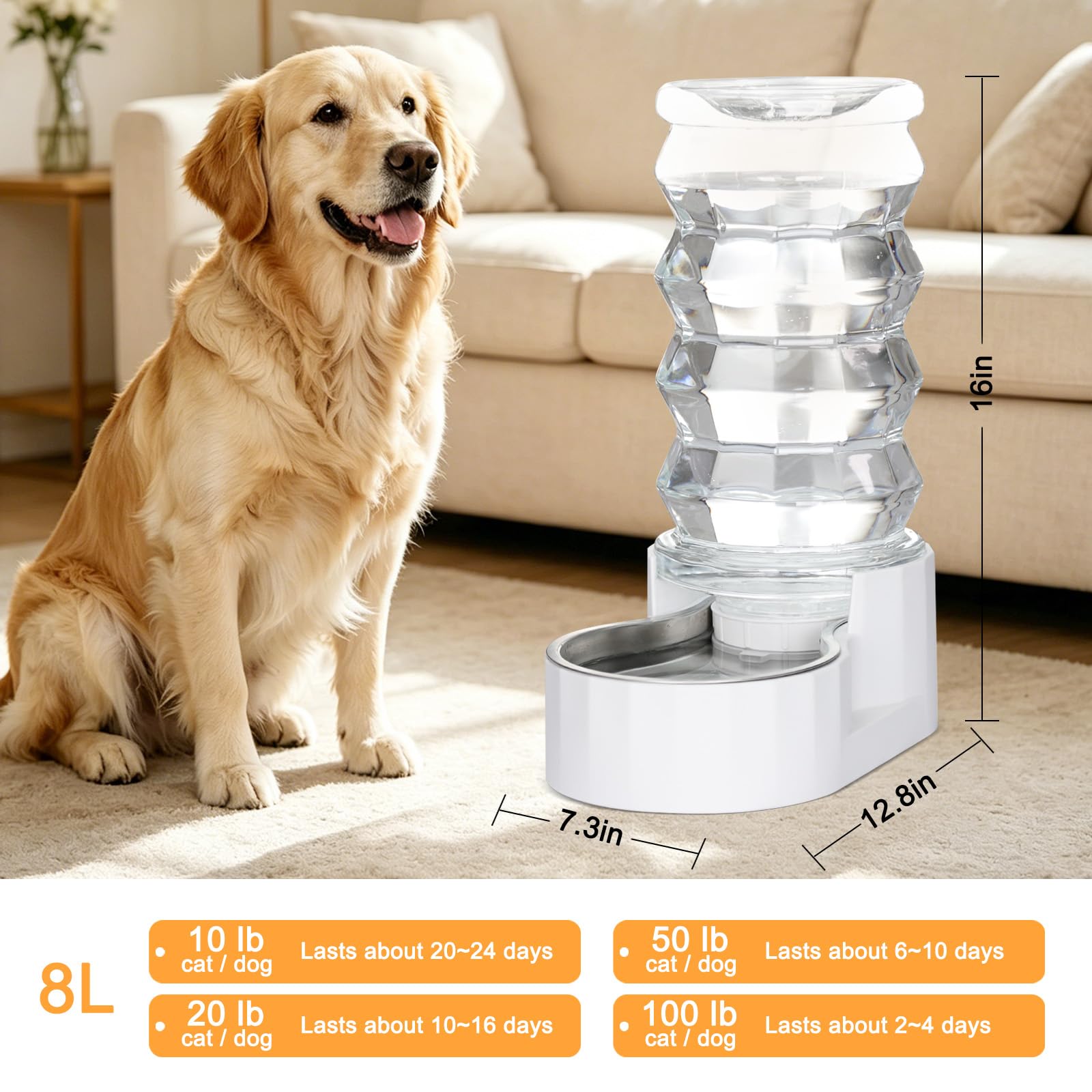 RIZZARI Regadera automática para Mascotas, 100% Libre de BPA, dispensador de Agua de Acero Inoxidable por Gravedad, comedero de Agua de Gran Capacidad para Gatos y Perros pequeños y medianos (8 L) | No necesita electricidad, limpieza de boca ancha, triple
