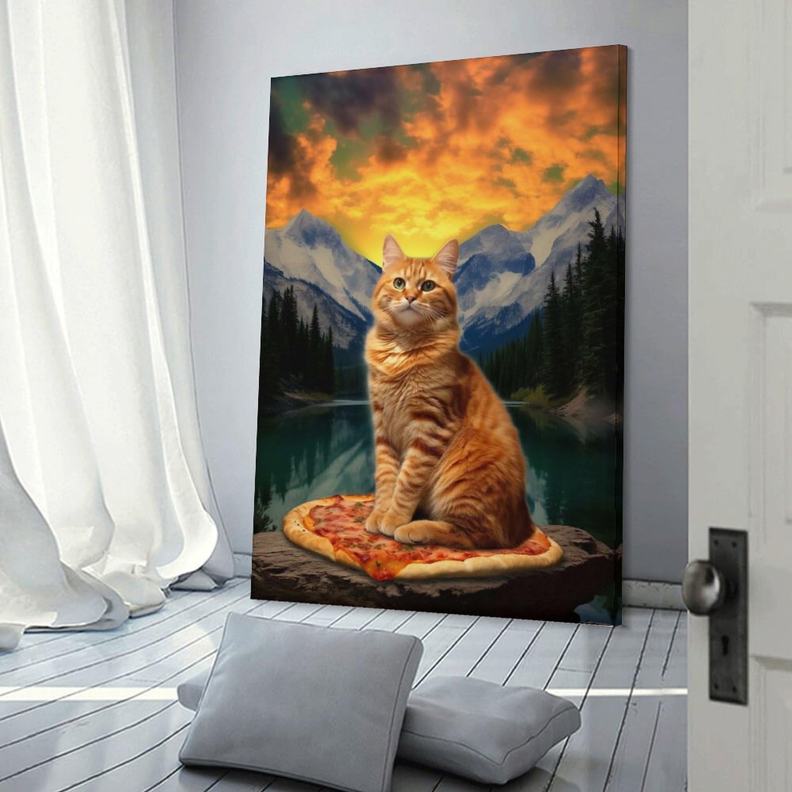 Junmoney Pizza Cat Teton Trek Wall Art Print, 08x12inch(20x30cm), for Bedroom Decor, Cosy Corners Or Studios, Decorative Wall Art for Cosy Rooms
