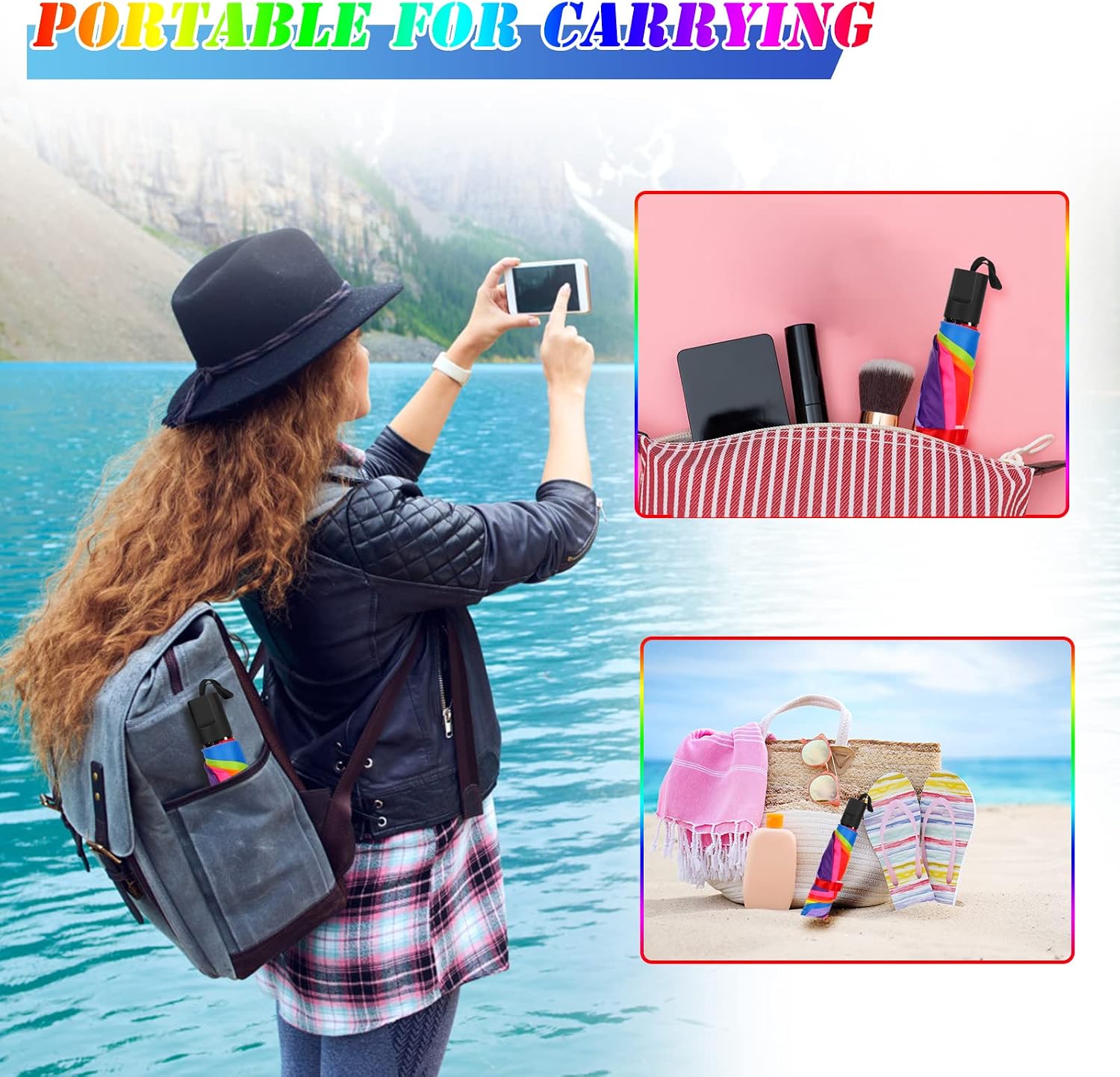 8 Ribs Rainbow Umbrellas Tri-Folded Umbrella - Durable Compact and Lightweight Rainbow Umbrella for Men Women Kids Adults - Portable Backpack Travel Umbrellas