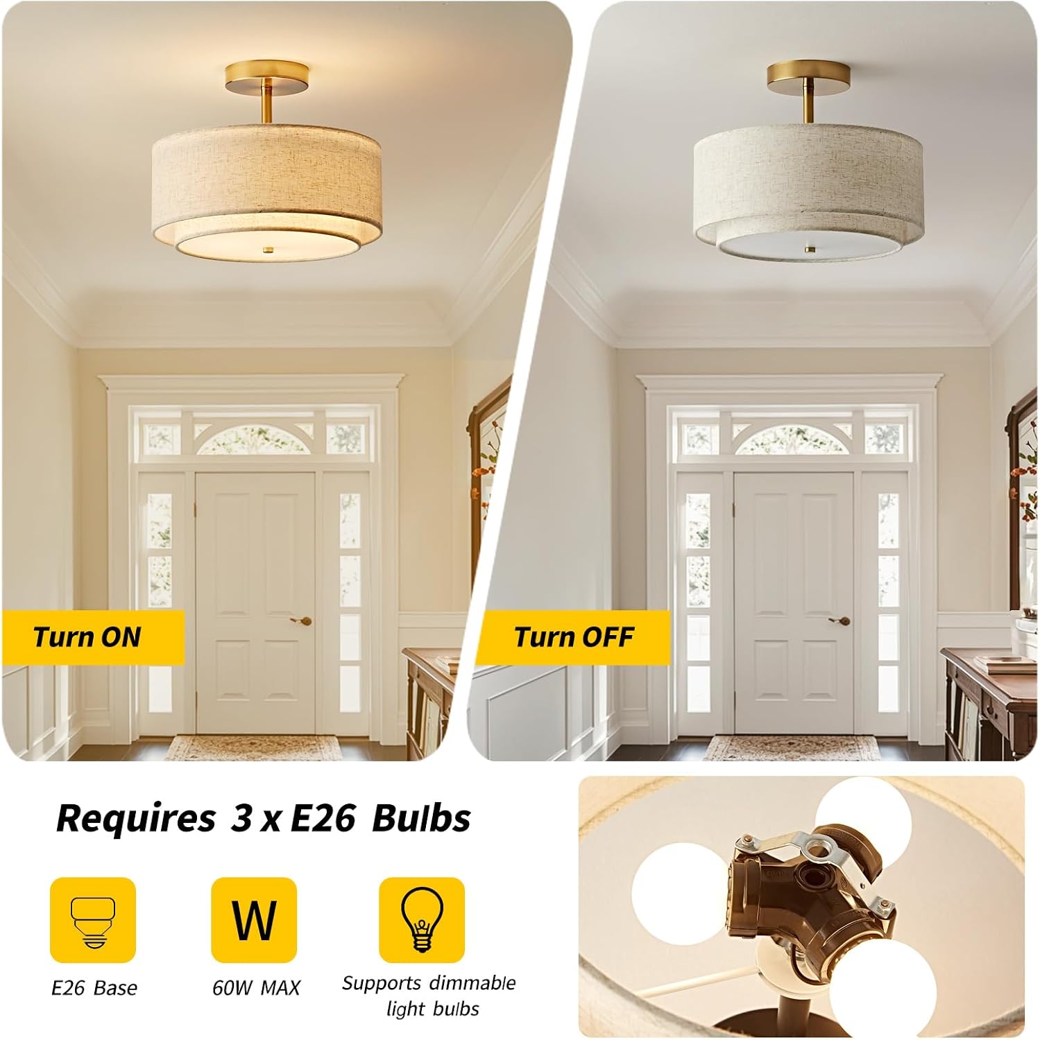 Double Drum Semi Flush Mount Ceiling Light, 3-Light Fabric Linen Shade Design Farmhouse 12.6'' Gold Light Fixture for Living Room, Bedroom, Kitchen, Dining Room, Entryway, Hallway