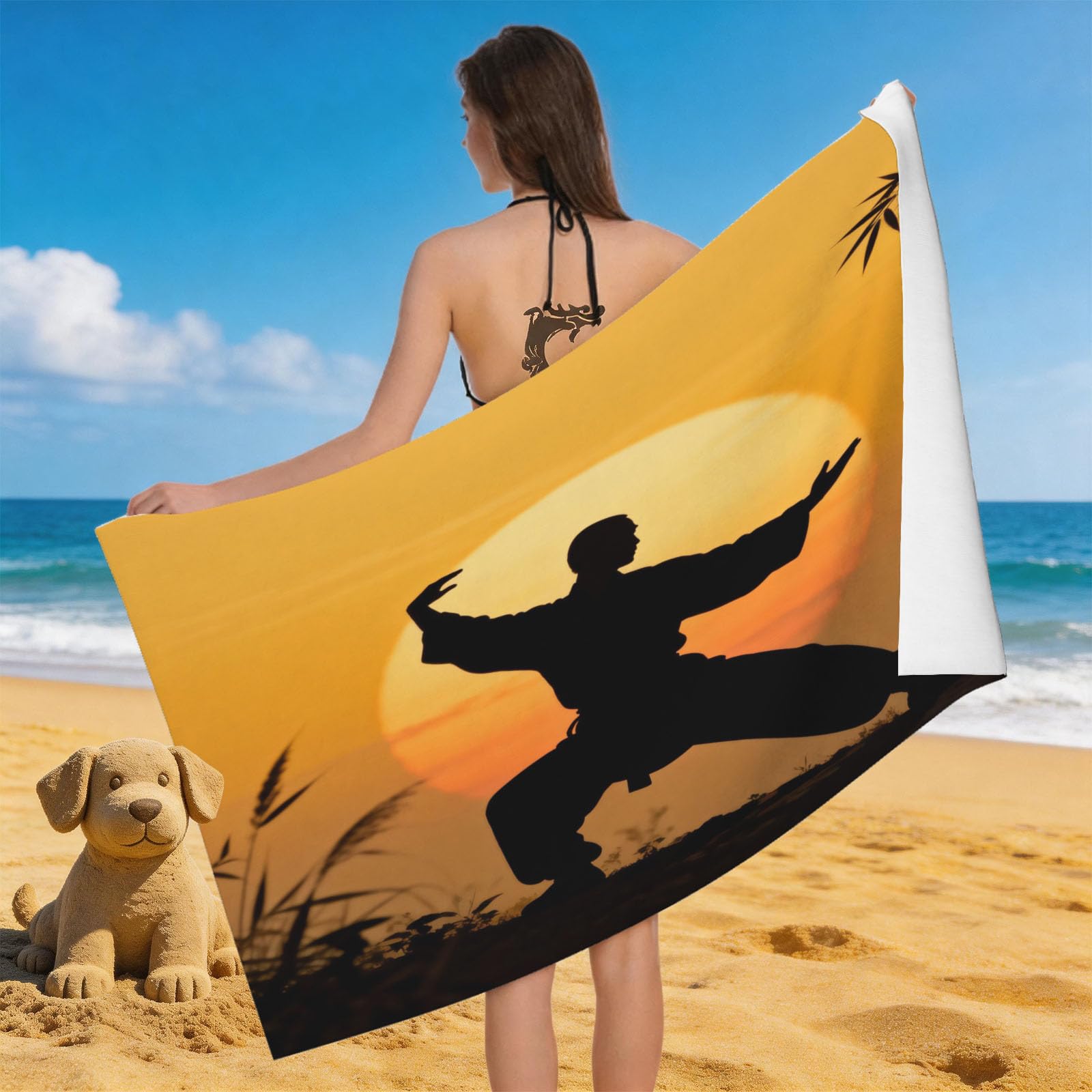 Leichong 3D Martial Arts Silhouette Beach Towel Microfiber Soft Quick Dry for Adults, Sunset Bath Towel Lightweight Soft Absorbent for Travel Swimming Pool Sports, 75 x 150 cm