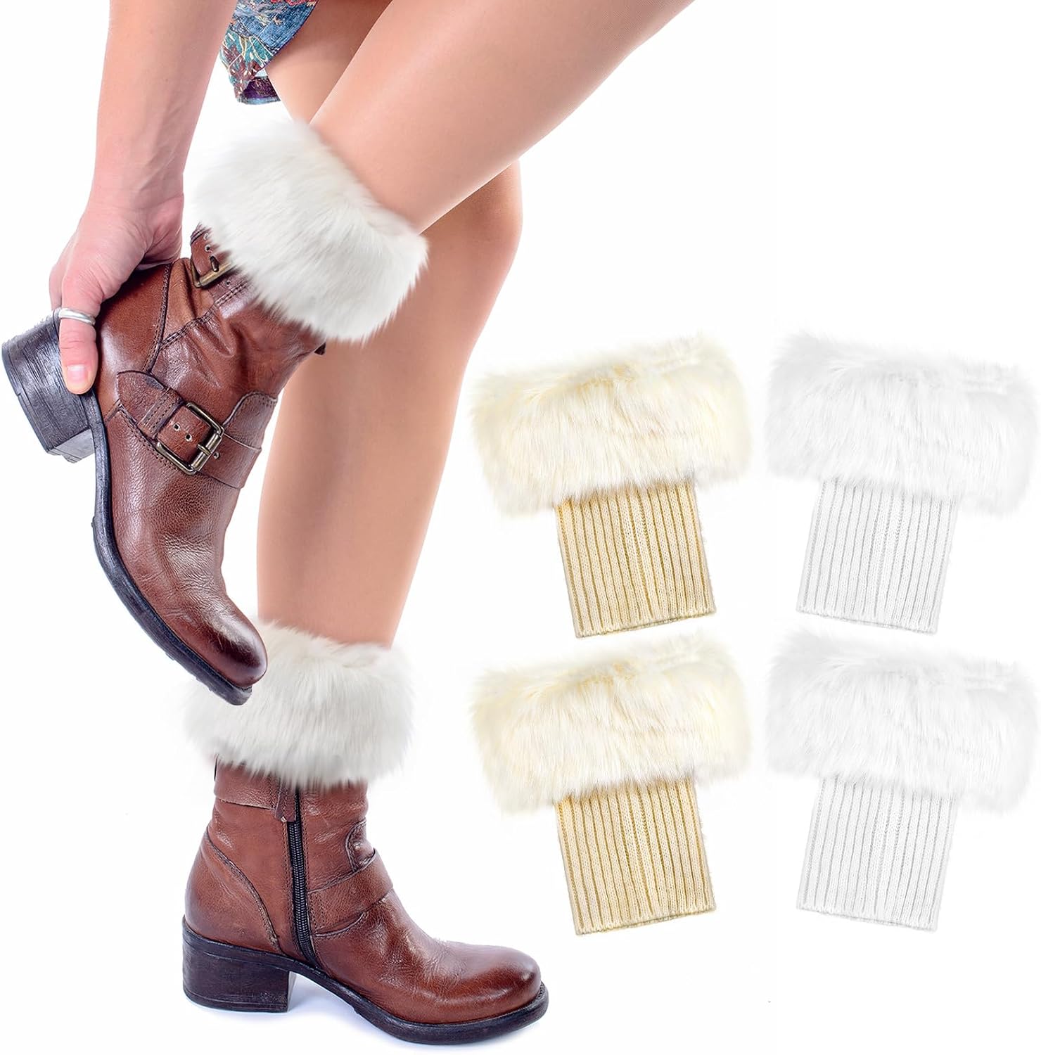 Bencailor 2 Pairs Faux Fur Plush Leg Warmers Knitted Furry Fuzzy Leg Cuffs Short Fuzzy Warmer for Women