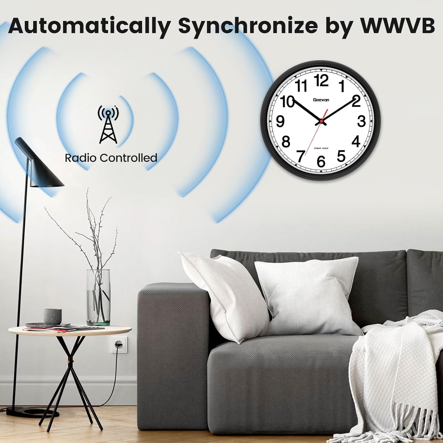 Geevon 16 Inch Atomic Wall Clock - Self-Setting Analog Clock with Automatic Time Sync - Battery Operated for Home Office School - Black Frame
