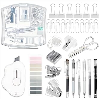 Colarr Mini Office Supply Kit Includes Stapler Tape Dispenser Staple Remover Paper Clips Scissor Staples Pen Sharpener Note Small Telescopic Knife for Office and School Clerk Student (Clear)