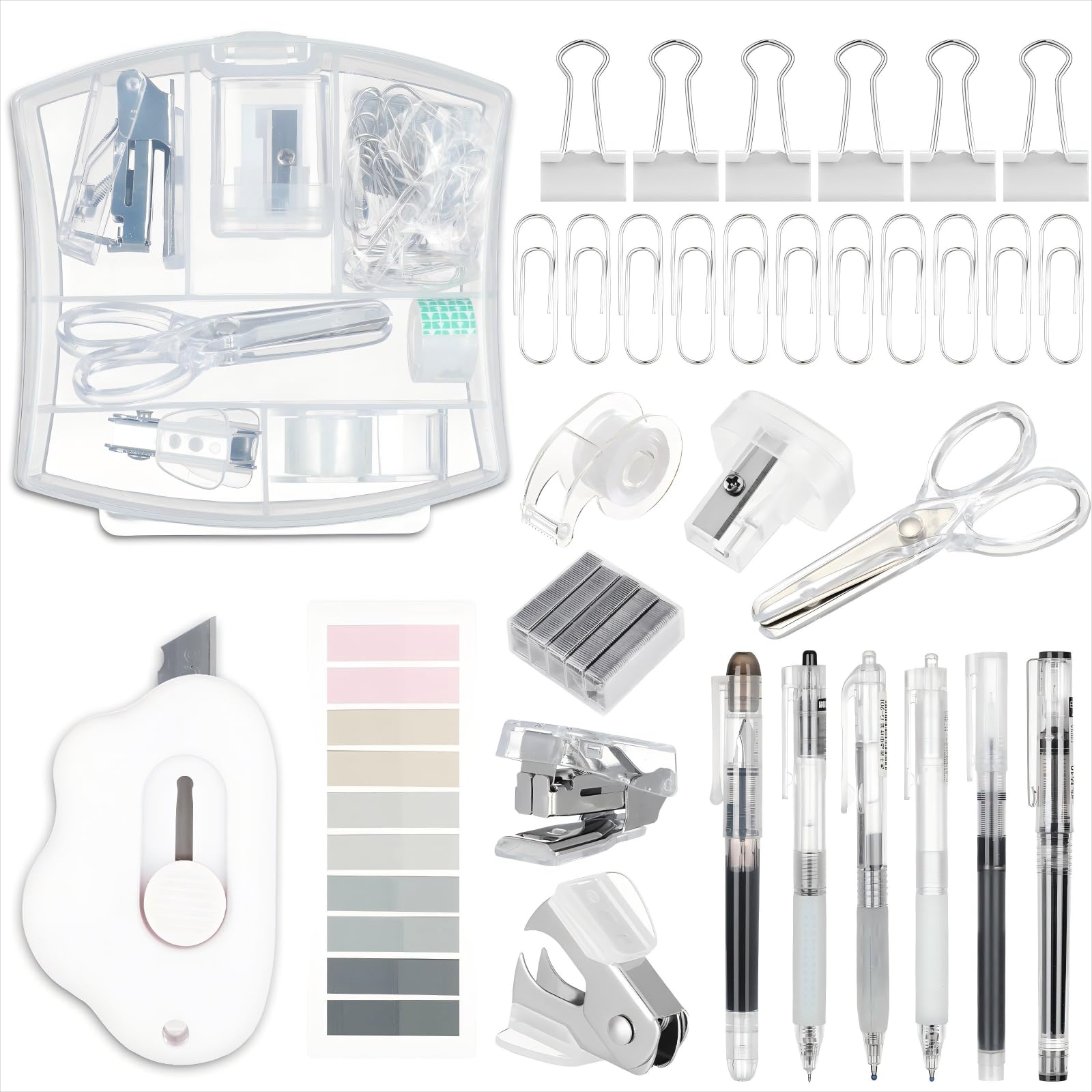 Colarr Mini Office Supply Kit Includes Stapler Tape Dispenser Staple Remover Paper Clips Scissor Staples Pen Sharpener Note Small Telescopic Knife for Office and School Clerk Student (Clear)