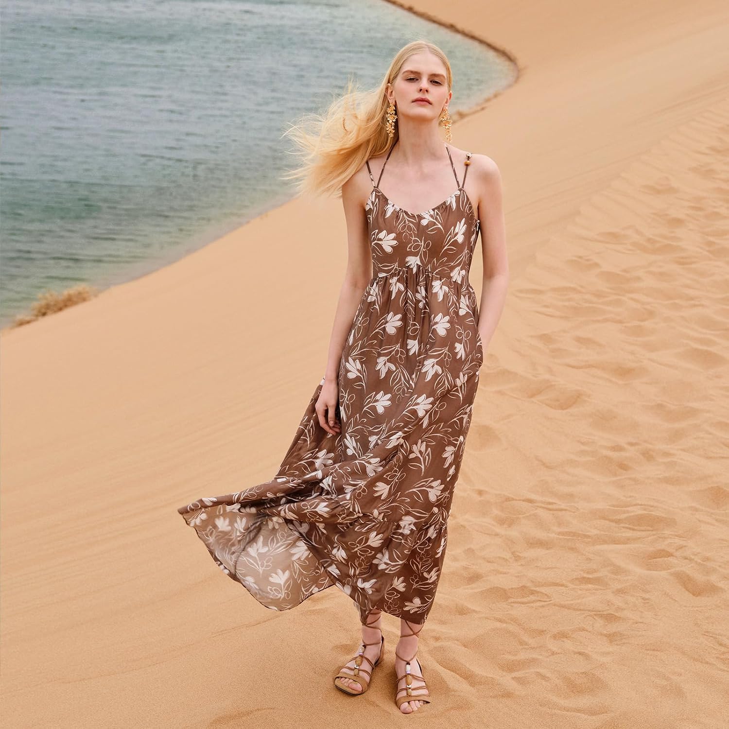 GOELIA Women Bubble Hem Midi Dress 2026 Puff Sleeve Square Neck Dress Acetate Blend Casual Floral Dresses with Scrunchie
