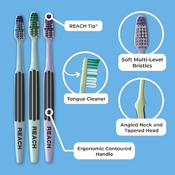 Reach Advanced Design Toothbrush with Toothbrush Cap, Angled Neck, Soft Bi-Level Bristles, Contoured Handle, Tongue Scraper, 6 Count