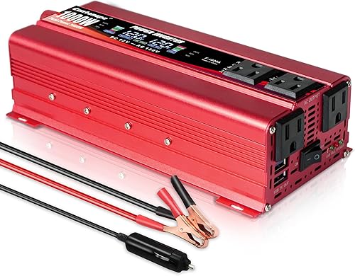 Cantonape 1000W2000W (pico) Inversor de corriente de coche DC 12V a 110V AC con pantalla LCD, 4 salidas de CA y cargador de coche USB dual para
