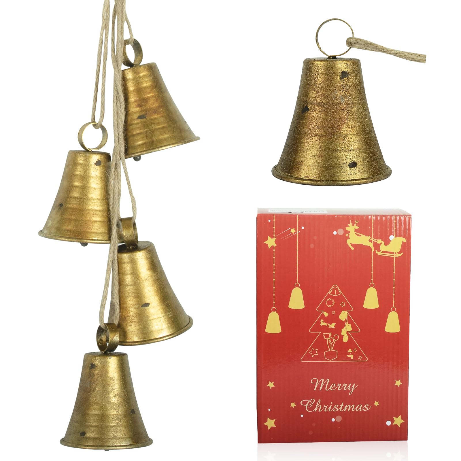 Styleonme Decorative Bells, Christmas Bells, Metal Indoor and Outdoor Blessing Bells, 4-Piece Set of Harmonious Bells, Vintage Handmade and Rustic Lucky Christmas Bells Hanging on a Rope