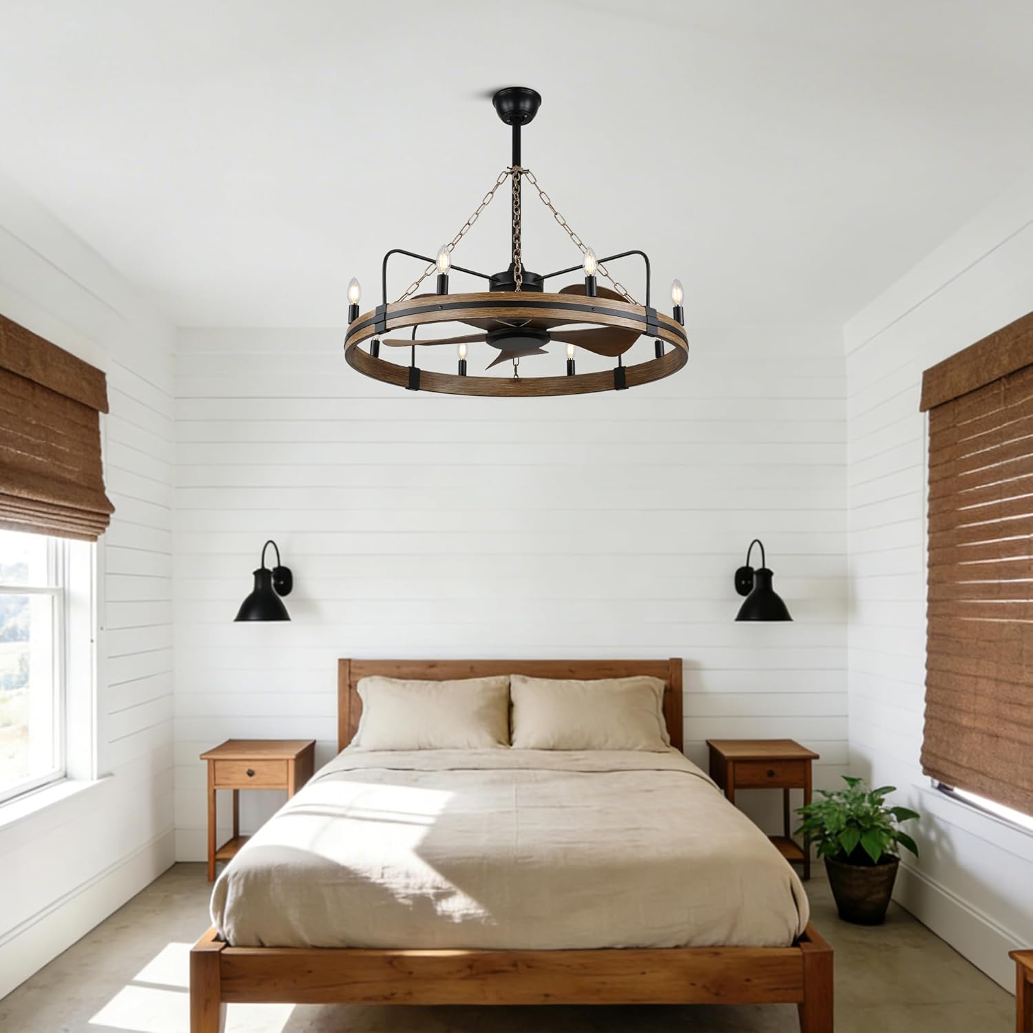 36" Industrial Retro Ceiling Fan with Light, Reversible Quiet Motor, 6 Speed, Remote Control Timer, Vintage Farmhouse Chandelier Fan for Bedroom Dining Room