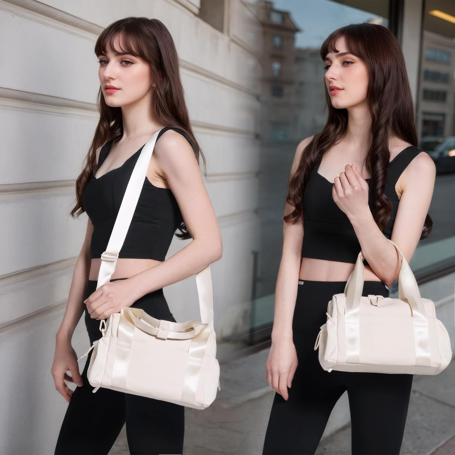 Small Gym Bag for Women, Mini Crossbody Gym Duffle Bag with Wet Compartment, Carry on Gym Tote Bag for Workout Dance Sport Travel (Mini-Beige) - Image 2