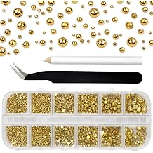 Flatback Pearl Gems SetGold Nail Charms & Gold Nail Charms Half-Round Nail Pearls and Rhinestones with Pickup Pencil & Tweezers for DIY Nail Art, Makeup, and Craft Projects