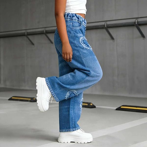 Pantalones capri de pierna ancha con aspecto de mezclilla para niñas, cintura elástica, corte de corazón, pantalones de mezclilla para la escuela - 3