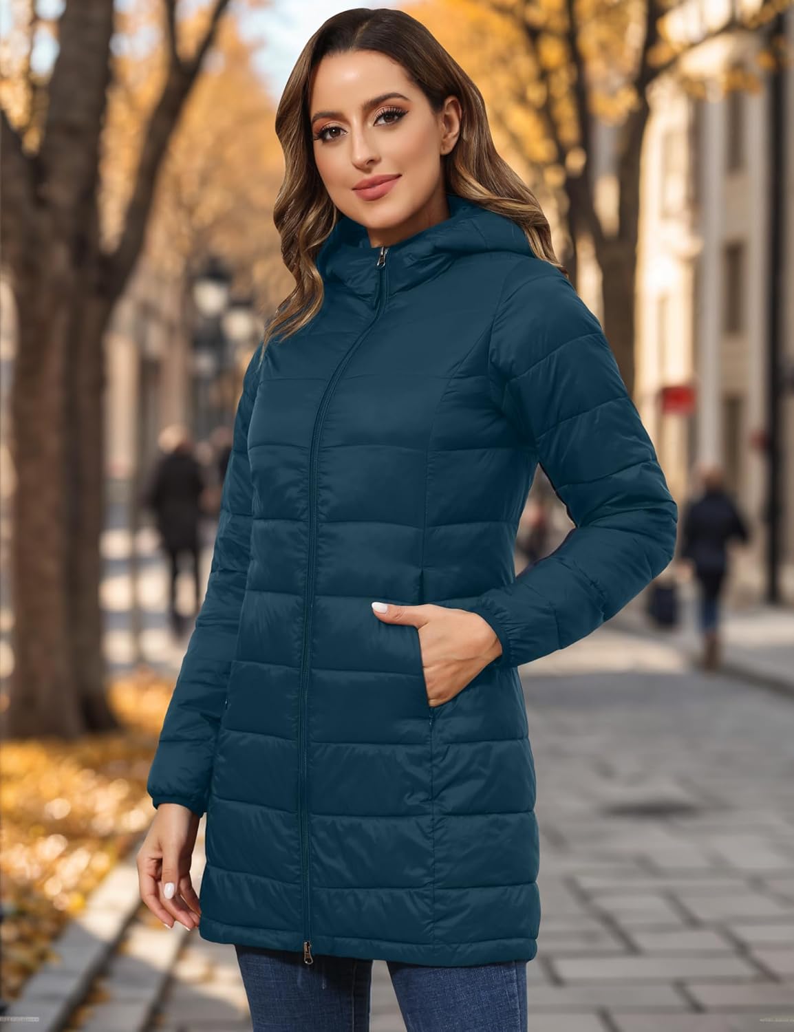 ROYAL MATRIX Women's Plus Size Puffer Jacket Packable Lightweight Hooded Quilted Spring Fall Long Puffer Coat