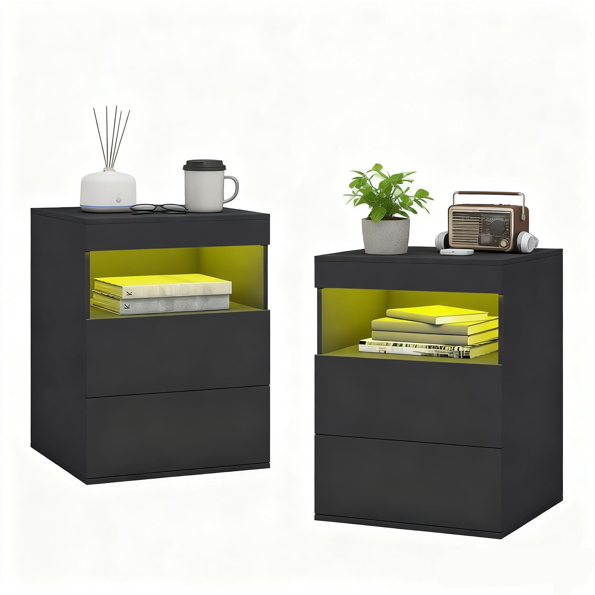 Bedside Table Set of 2, Modern Nightstand with Charging Station & LED Light