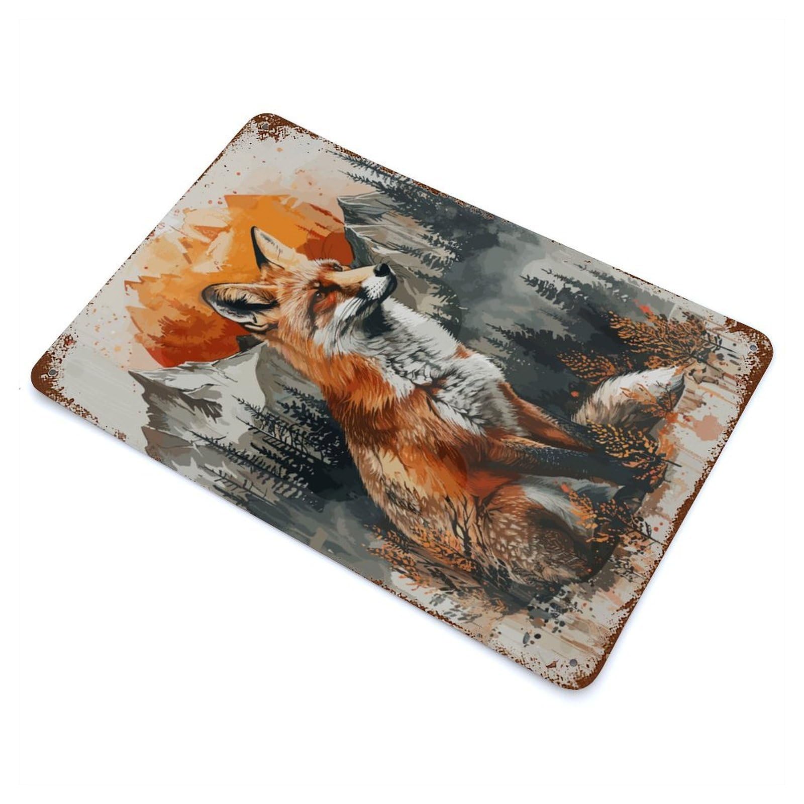 Fox Sunset Watercolor Decorative Tin Sign 11.8"x7.9", Retro Wall Decor for Living Room, Hallway And Home Decor