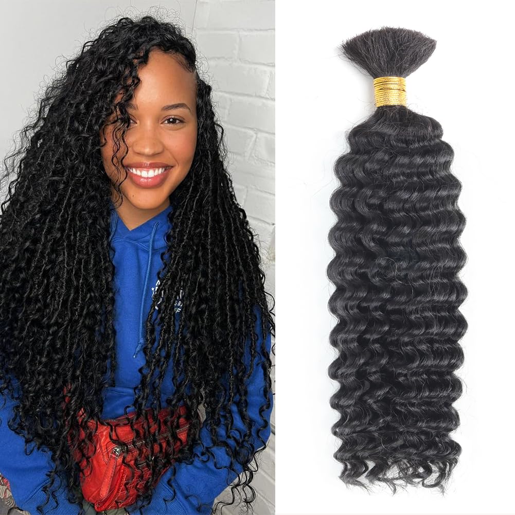 Human Braiding Hair Deep Wave Bulk Human Hair for Braiding 1 Bundle 50g Wet and Wave Deep Curly Braiding Hair for Boho Braids Brazilian Virgin Human Hair Extensions Natural Color