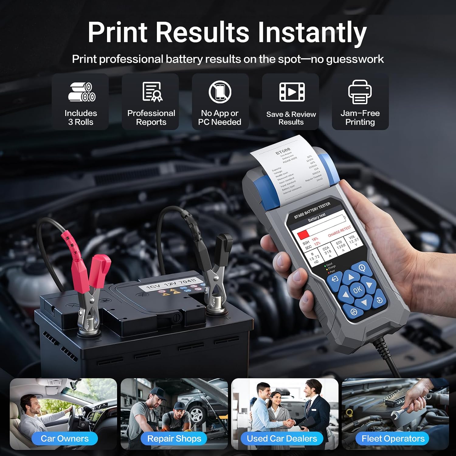 Car Battery Tester with Printer VDIAGTOOL BT600, 6V 12V 24V Automotive Load Tester for Lead-Acid & Lithium, Auto Alternator Starter Charging System Analyzer for Car Truck Motorcycle (3 Paper Rolls)
