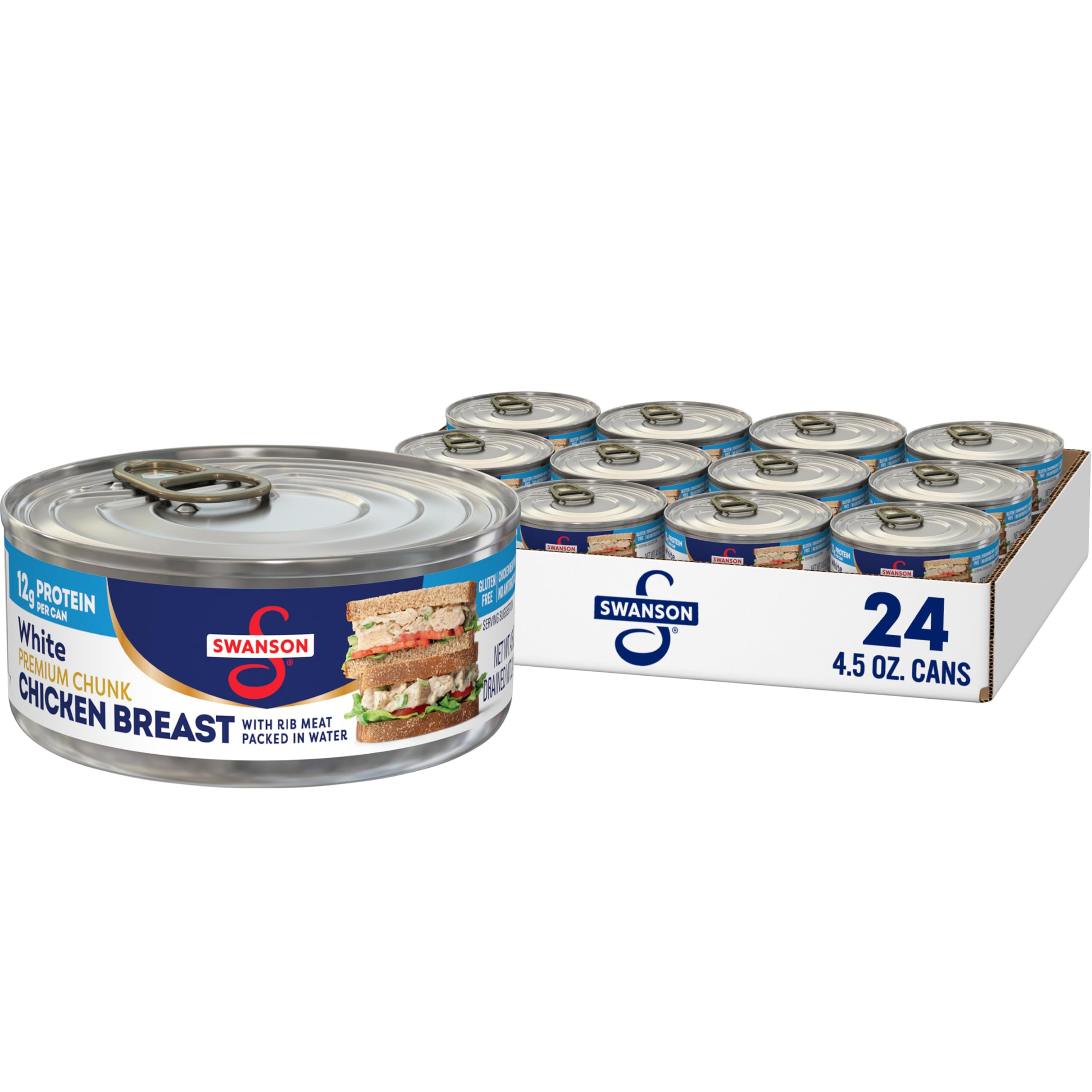 Swanson White Premium Chunk Canned Chicken Breast in Water, Fully Cooked Chicken, 4.5 OZ Can (Case of 24) White Premium Chunk Chicken Breast 4.5 Ounce (Pack of