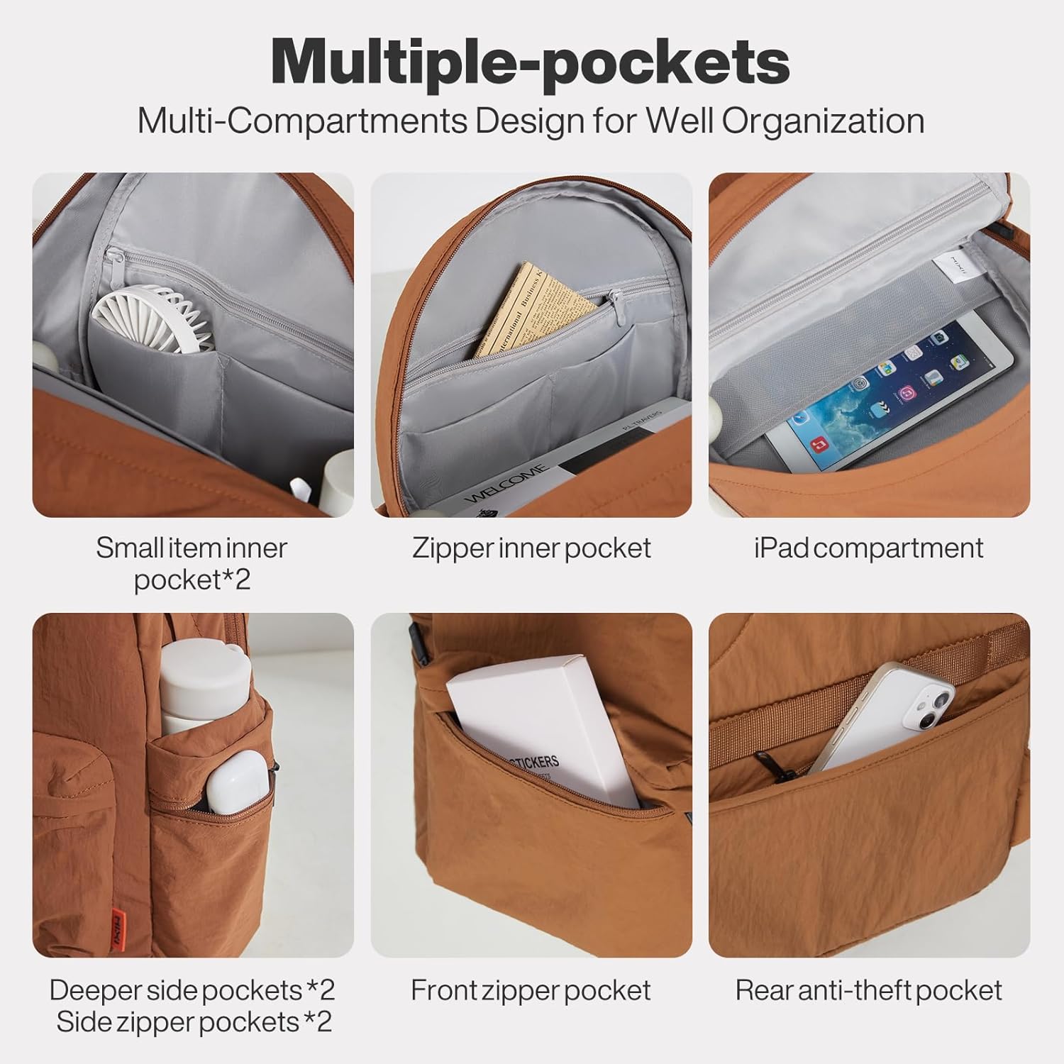 mixi Outdoor Lightweight Backpack Casual Carry On Laptop Backpack Travel Bookbag for Women Men, Water Resistant Durable Hiking Bag for Camping Weekender Sports College Work, 17 Inch, Brown - Image 9