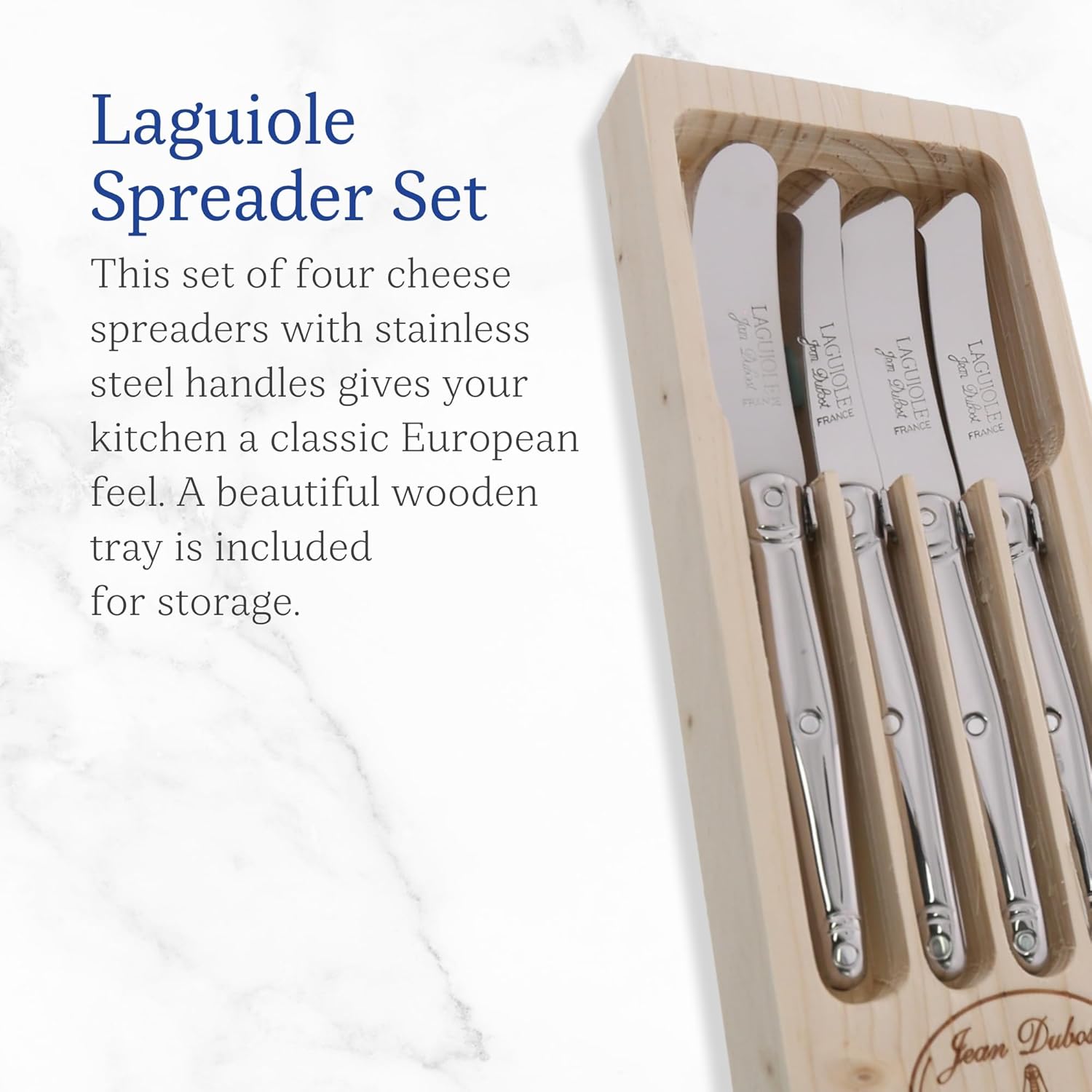 Jean Dubost Laguiole 4-Piece Spreader Set, Stainless Steel Handles - Rust-Resistant Stainless Steel - Includes Wooden Tray - Made in France