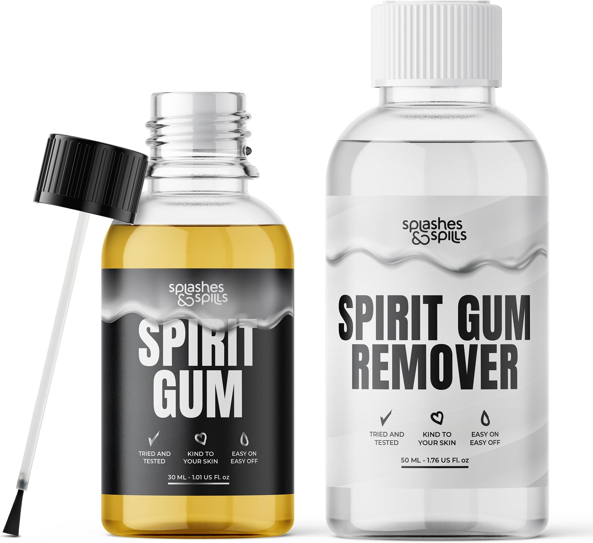 Professional Grade Spirit Gum Adhesive and Remover - SFX Skin Glue Adhesives for Halloween, Cosplay - Vegan Friendly Formulas for Show-Stopping Looks - 30ml and 50ml - Splashes & Spills