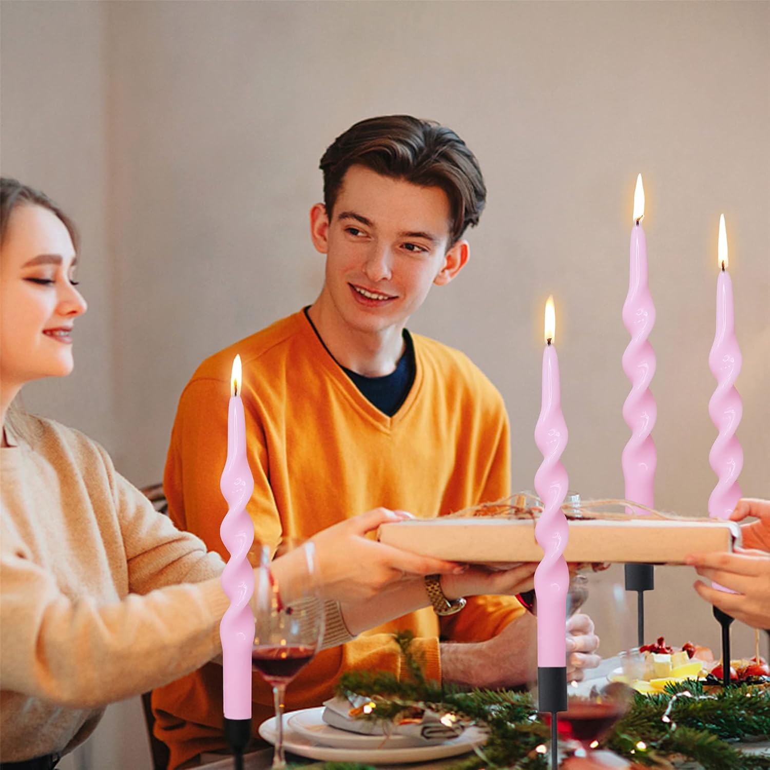 8pcs Brown and Pink Spiral Taper Candle Pink Candlesticks - Brown Long Candle Sticks Unscented Pink Tapered Candles for Home Décor Weddings Festive Seasons Holiday