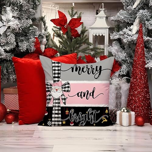 Miniatura 5 de Juego de 4 fundas de almohada navideñas de búfalo rosa de 20 x 20 pulgadas, decoraciones navideñas de granja, Papá Noel, muñeco de nieve, copo de