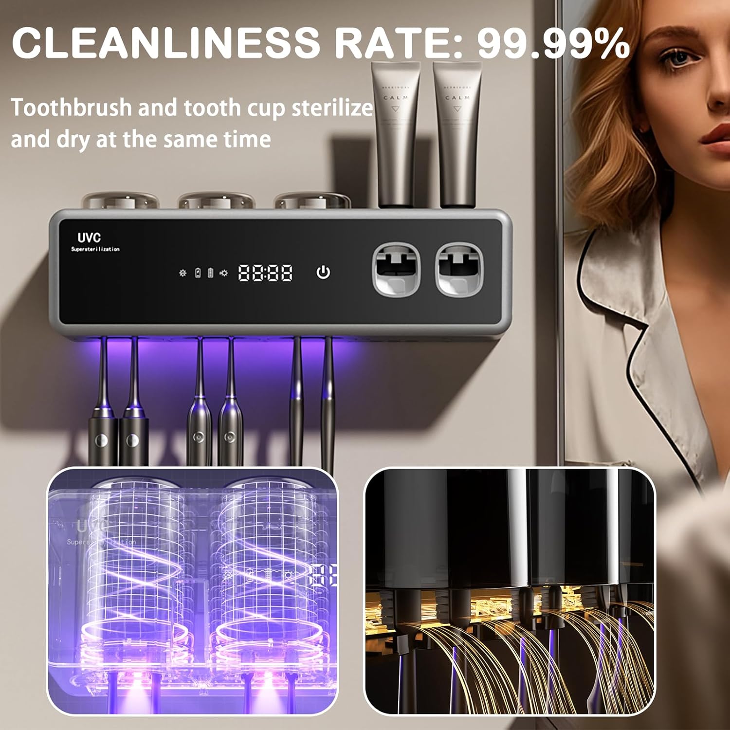 Toothbrush Holders for Bathrooms,Electric Toothbrush Holder Wall Mounted - 6 Brush/3 Cup,Automatic Toothpaste Dispenser & Hot Dry,Smart Cleaning,Bathroom Storage Upgrade (Black)