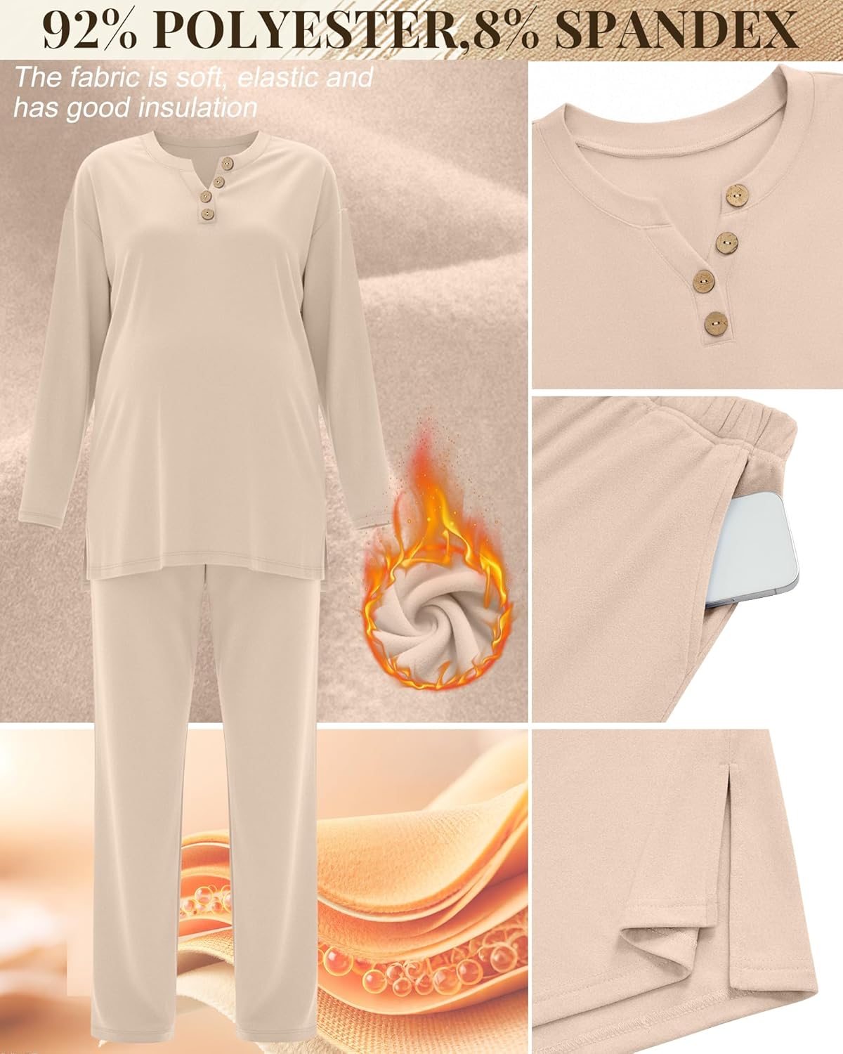 2 Piece Thermal Maternity Lounge Set Postpartum Pregnancy Fleece Loungewear Long Sleeve Top and Wide Leg Pant - Image 3