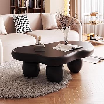 Modern Wooden Cloud Coffee Table, Black, 47.2 inch | Central Living Room Low Table, Irregular Indoor End Table, 3 Oval Ball Legs, for Living Room Bedroom