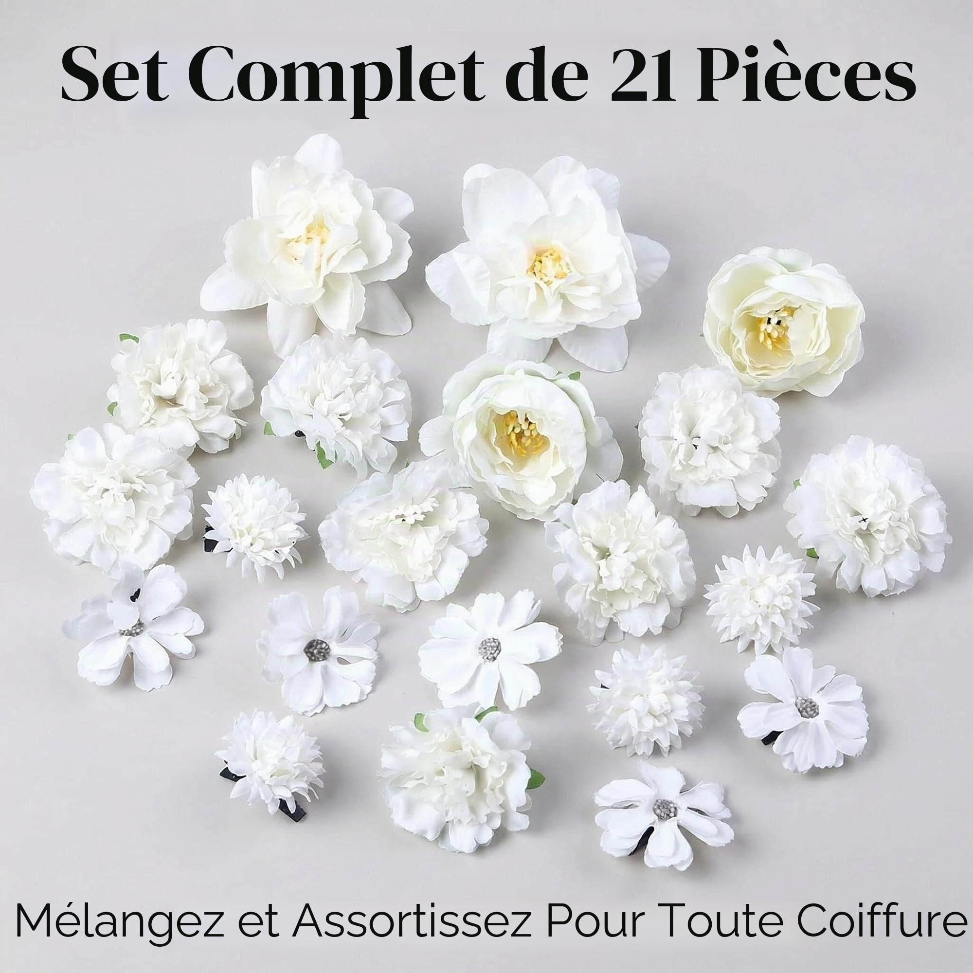 Lot de 21 pinces à cheveux en forme de fleur en tissu de soie pour femme, plusieurs designs élégants, style bohème, mariage, plage, fête (blanc)