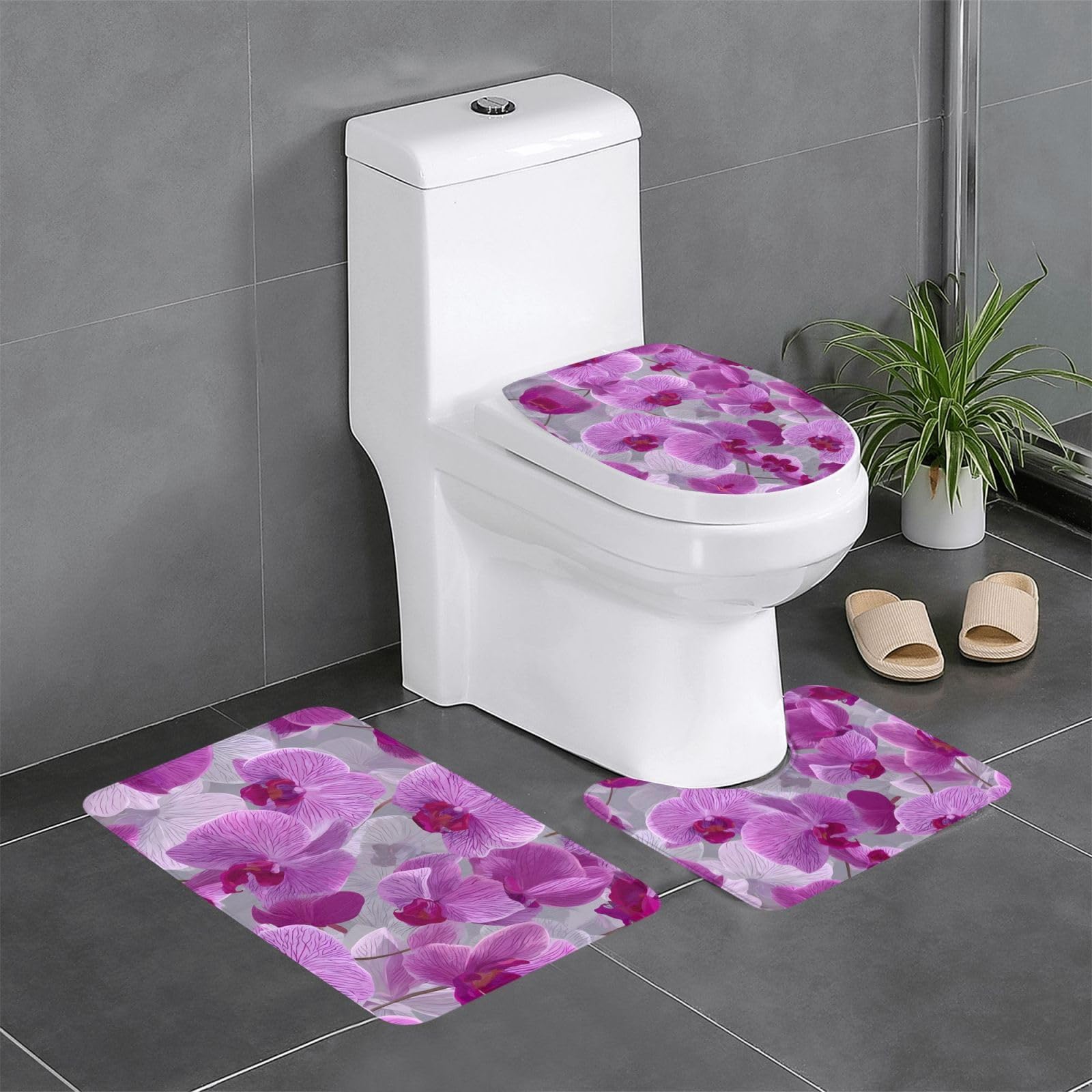 Tapis de salle de bain antidérapant lot de 3 motif orchidées violettes