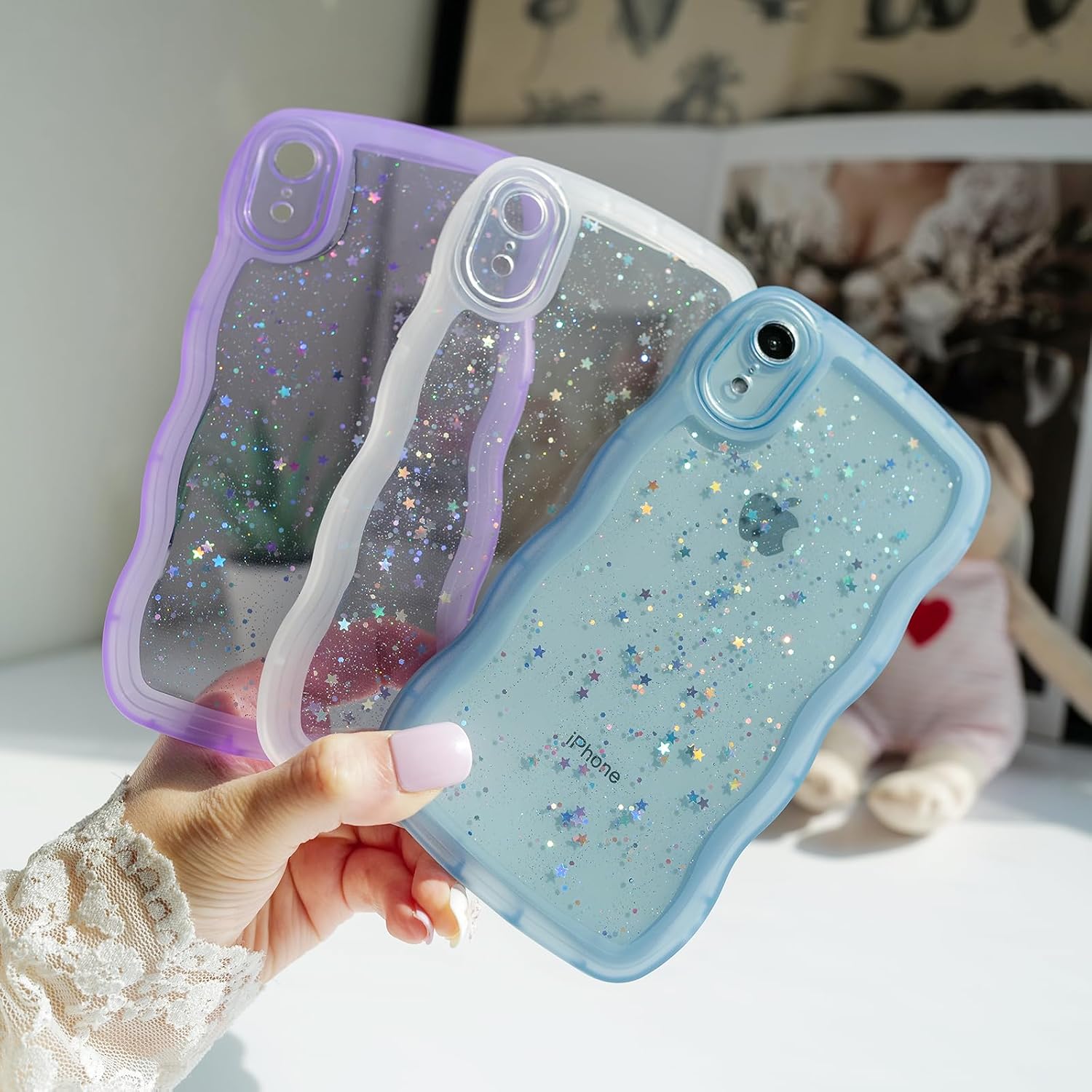 Compatible with iPhone XR,Cute Kawaii Bling Sparkle Glitter Frame Shape Soft Silicone Shockproof Protective Phone Case Cover for Women Girls Blue image 4