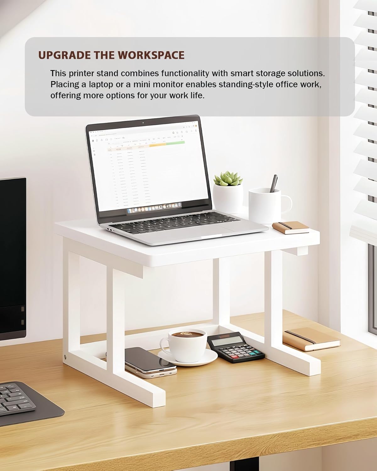 Desktop Printer Stand, 15.7″x 15.7″ 2-Tier Large Printer Shelf fit 3D Laser Printer/Scanner/Fax Machine, Industrial Storage Rack for Home Office Storage, White P4040-W