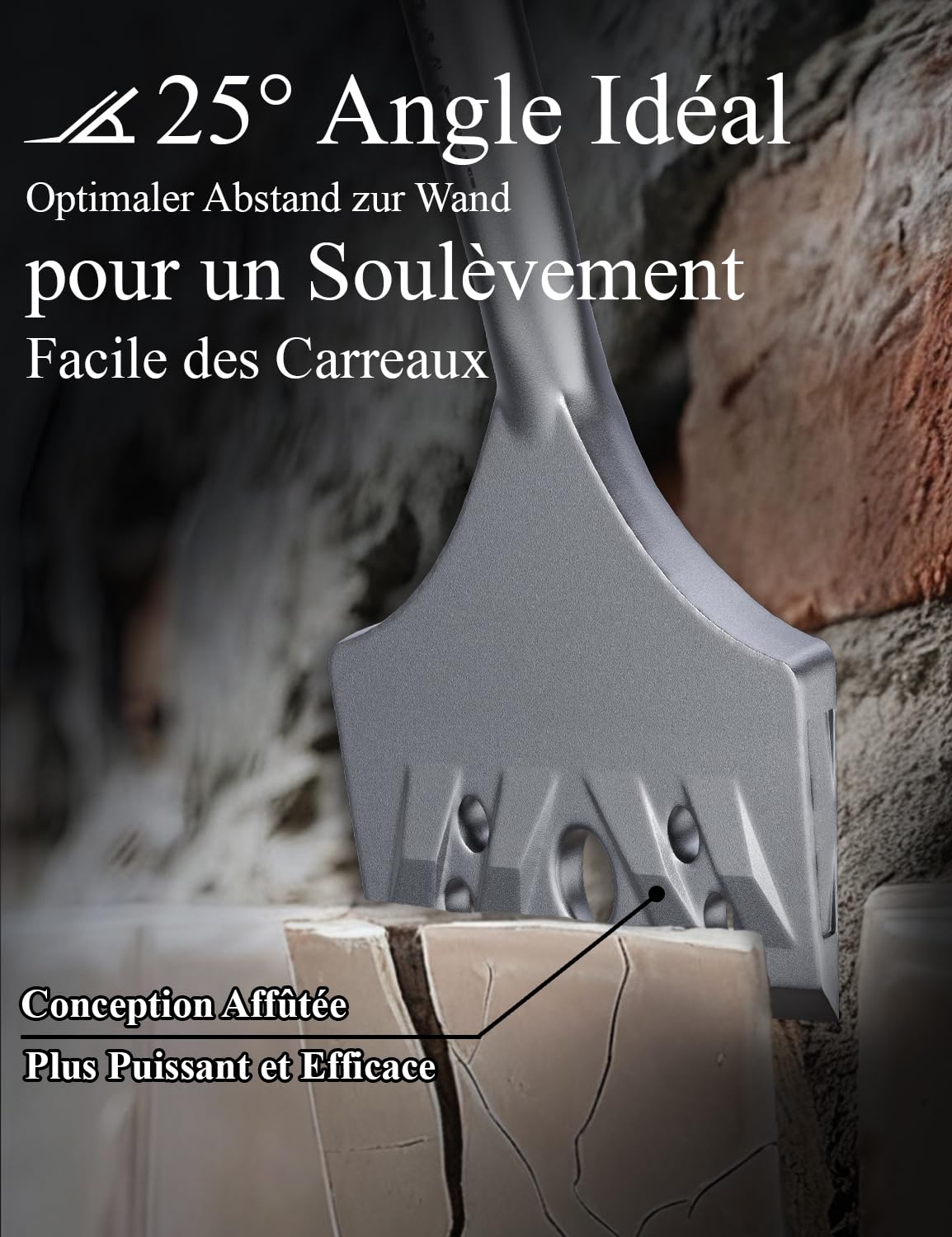 Burin SDS Plus Coudé, 194 x 78 mm, Burin Carrelage de Qualité Industrielle 42CrMo, Burin Plat pour Enlever Carrelage et Colle, Design Innovant à Trous et Rainures de Refroidissement