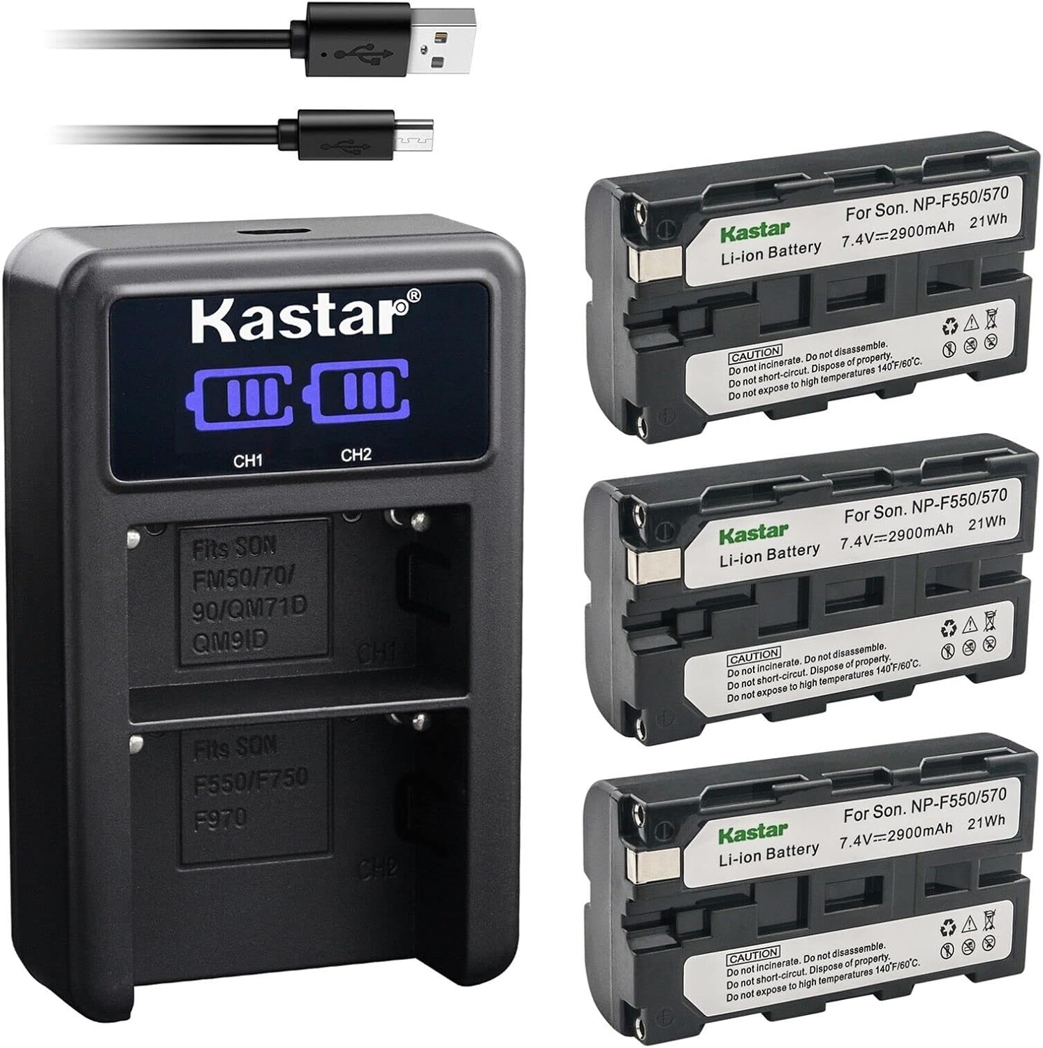 Kastar 2-Pack NP-F570 Battery and LED2 USB Charger Compatible with Neewer F100 F200 FW568 FW600 FZ200, Video Assist 3G-SDI/HDMI, SmallHD 503 702 703, Indie 7, Cine 7 Field Monitor